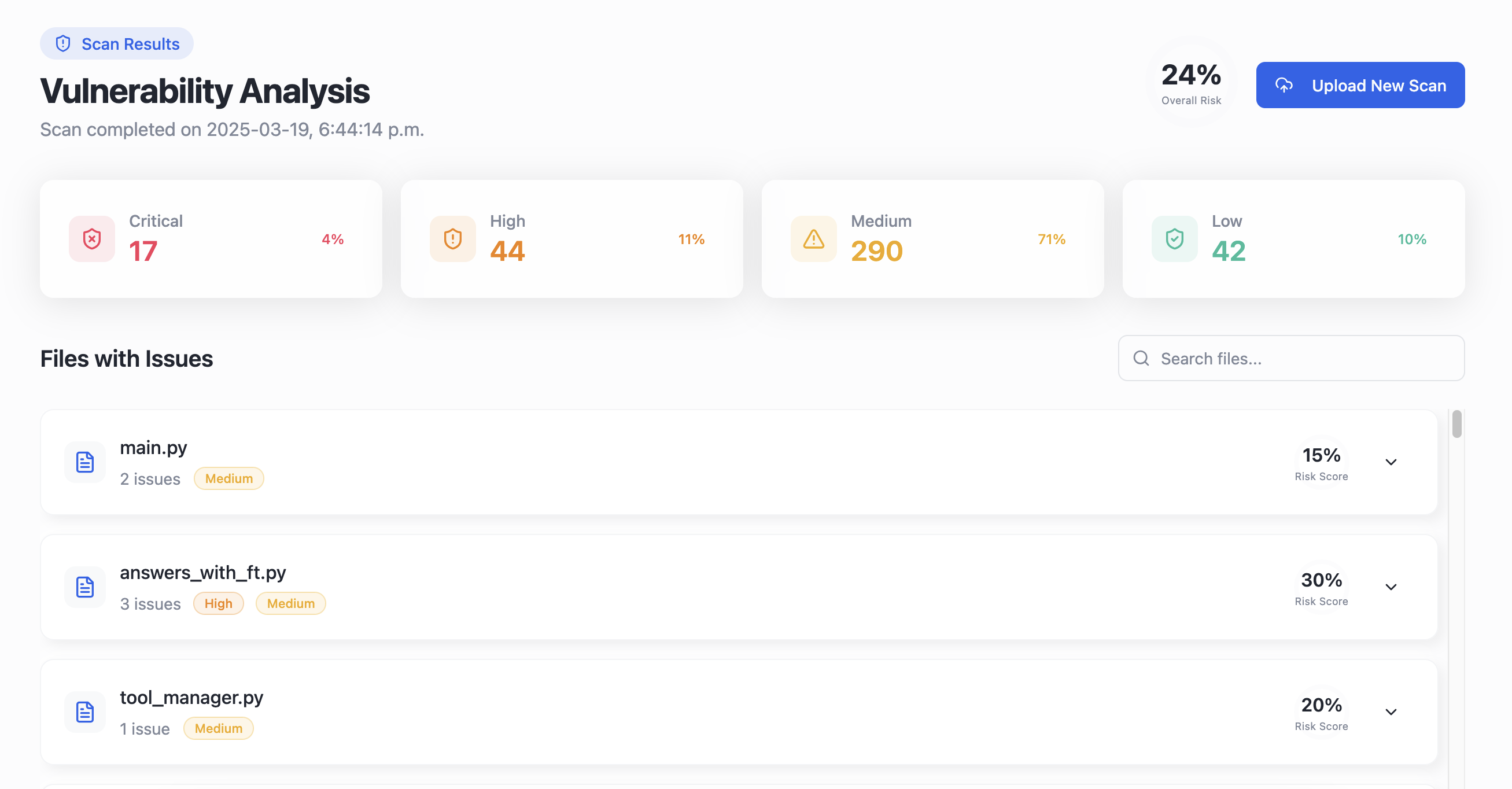 Kereva-Scanner dashboard showing issues summary and issues for each file